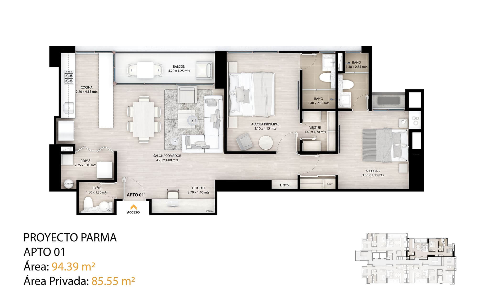 Planos apartamentos tipo 1 en Parma