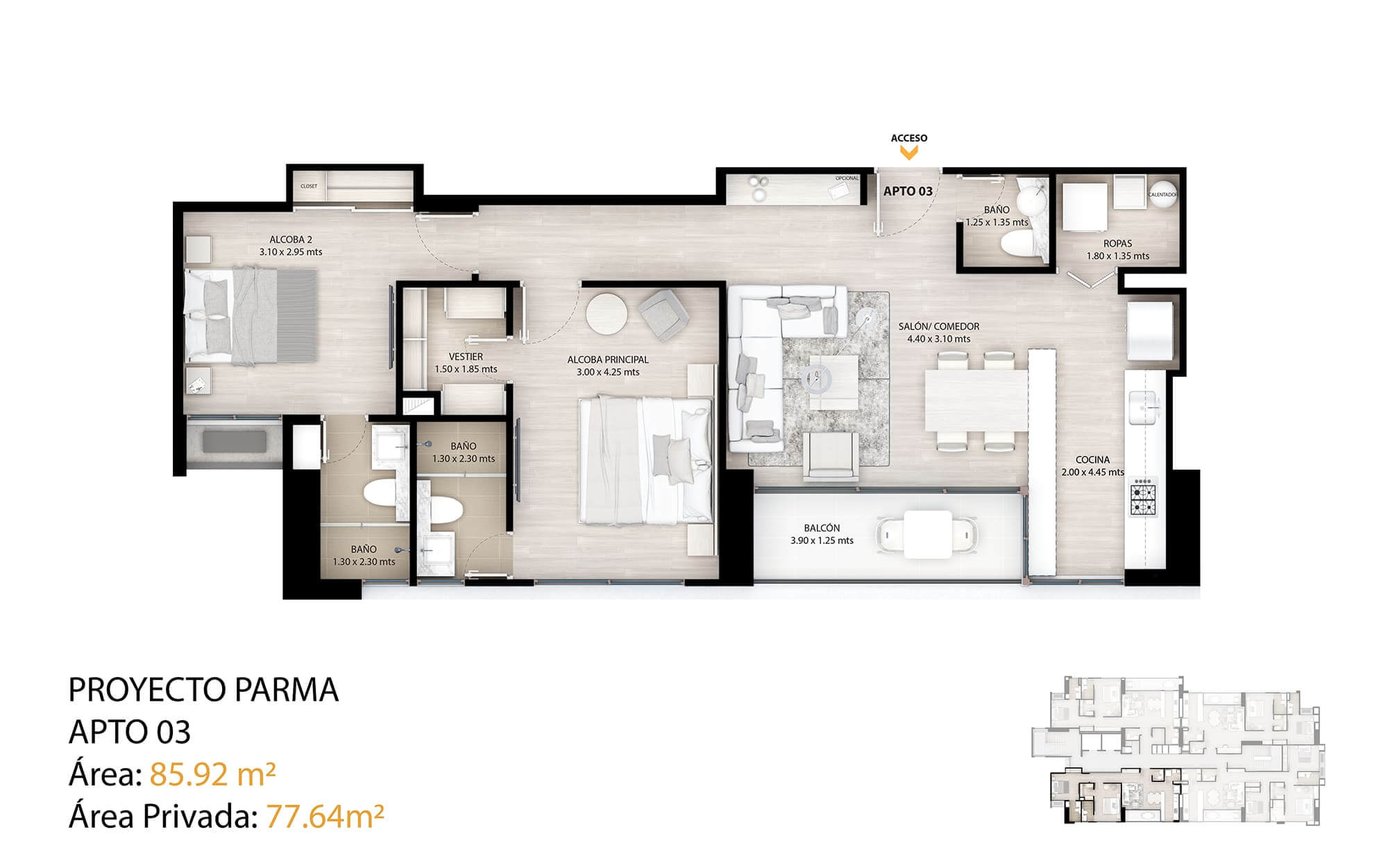 Planos apartamentos tipo 3 en Parma