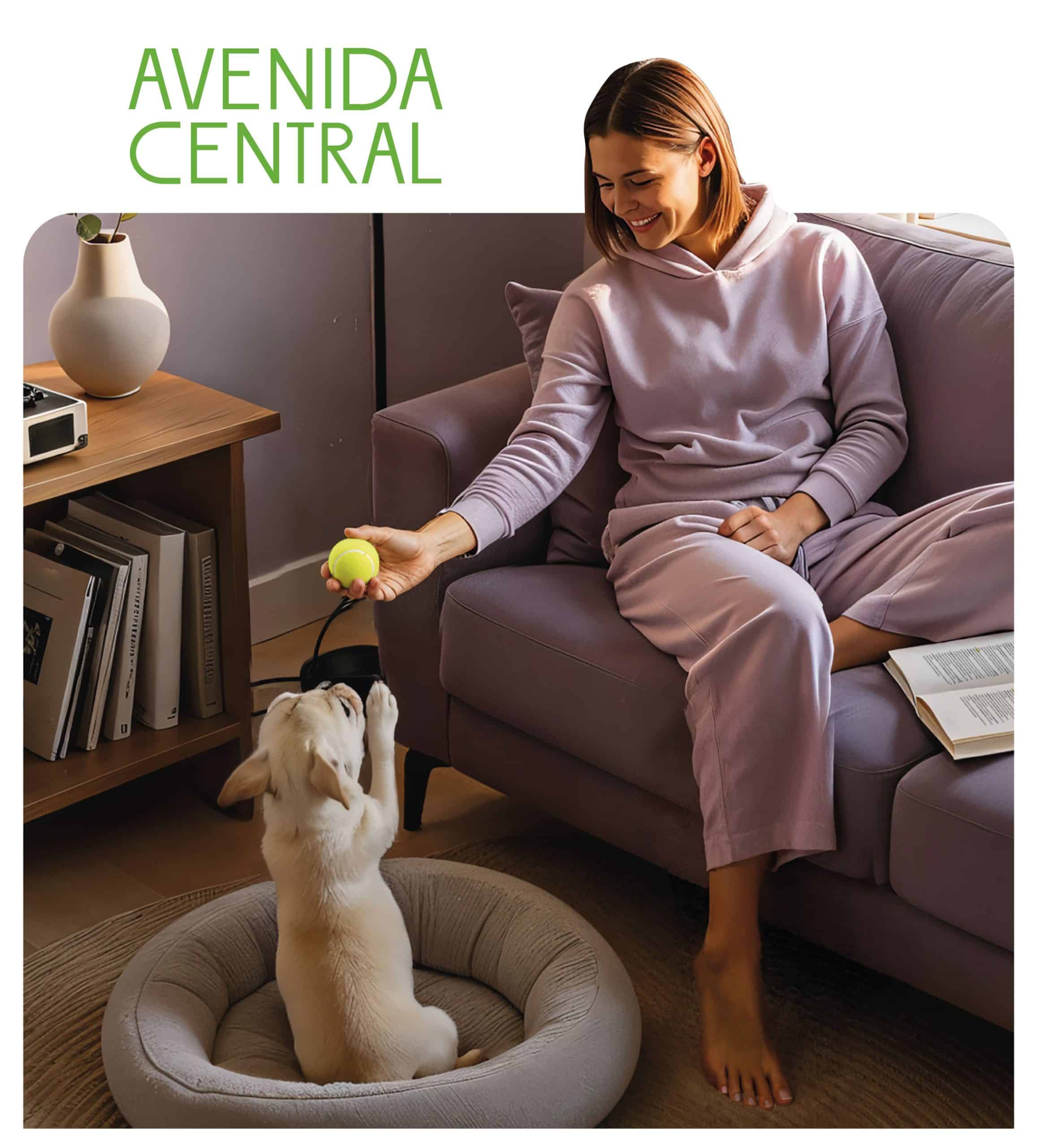 Mujer jugando con su mascota en apartamento del proyecto Avenida Central en El Poblado.