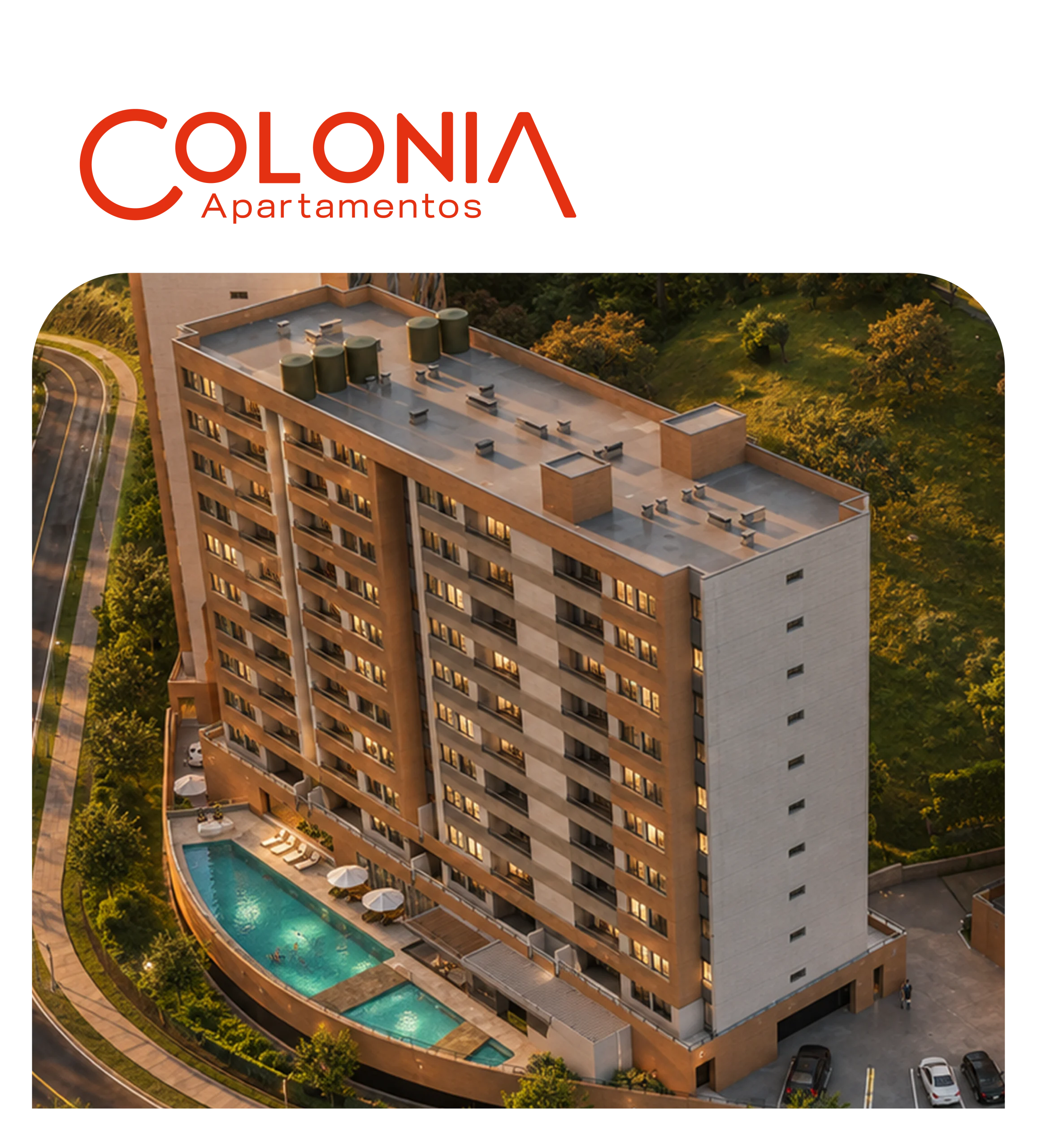 ista aérea del conjunto residencial Colonia Apartamentos con piscina en Medellín.