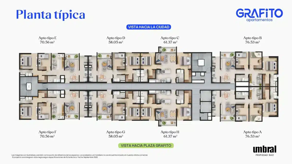 Planta tipica torre1 en Grafito, proyecto de apartamentos en Ditaires, Itagüí