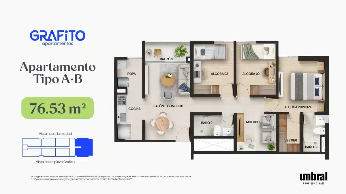 Planta tipo A - B en Grafito, proyecto de apartamentos en Ditaires, Itagüí
