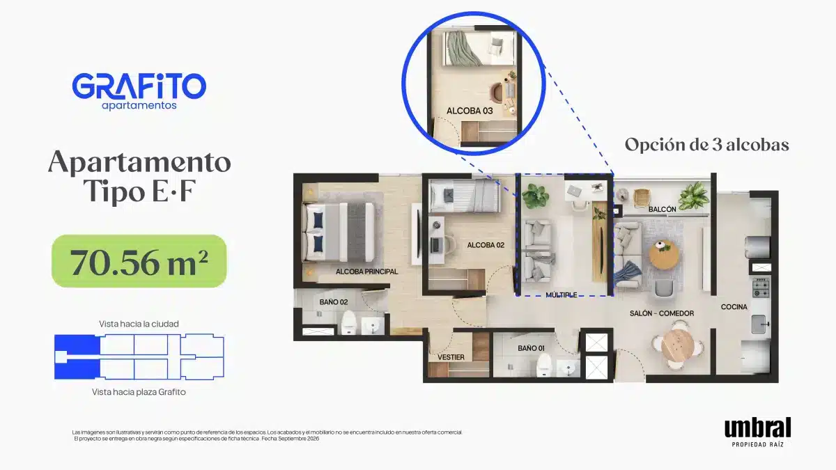 Planta tipo E - F en Grafito, proyecto de apartamentos en Ditaires, Itagüí